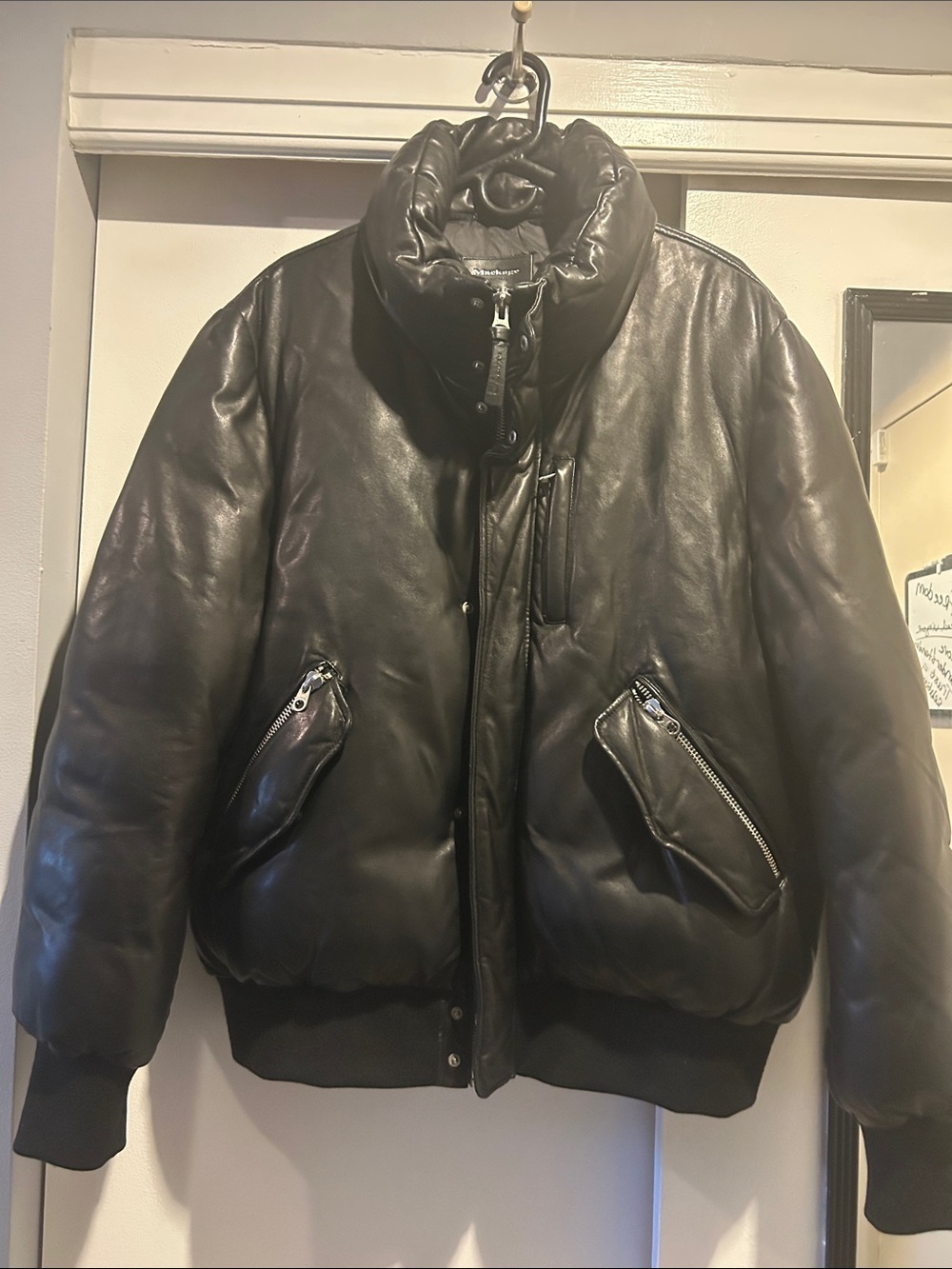 Mackage Men's Black Leather Puffer Jacket with High Quilted Collar